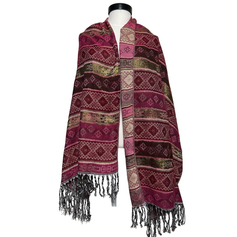Pashmina Burgundy Gold Pink Geometric Metallic Fringe Shawl Scarf Boho Wrap
